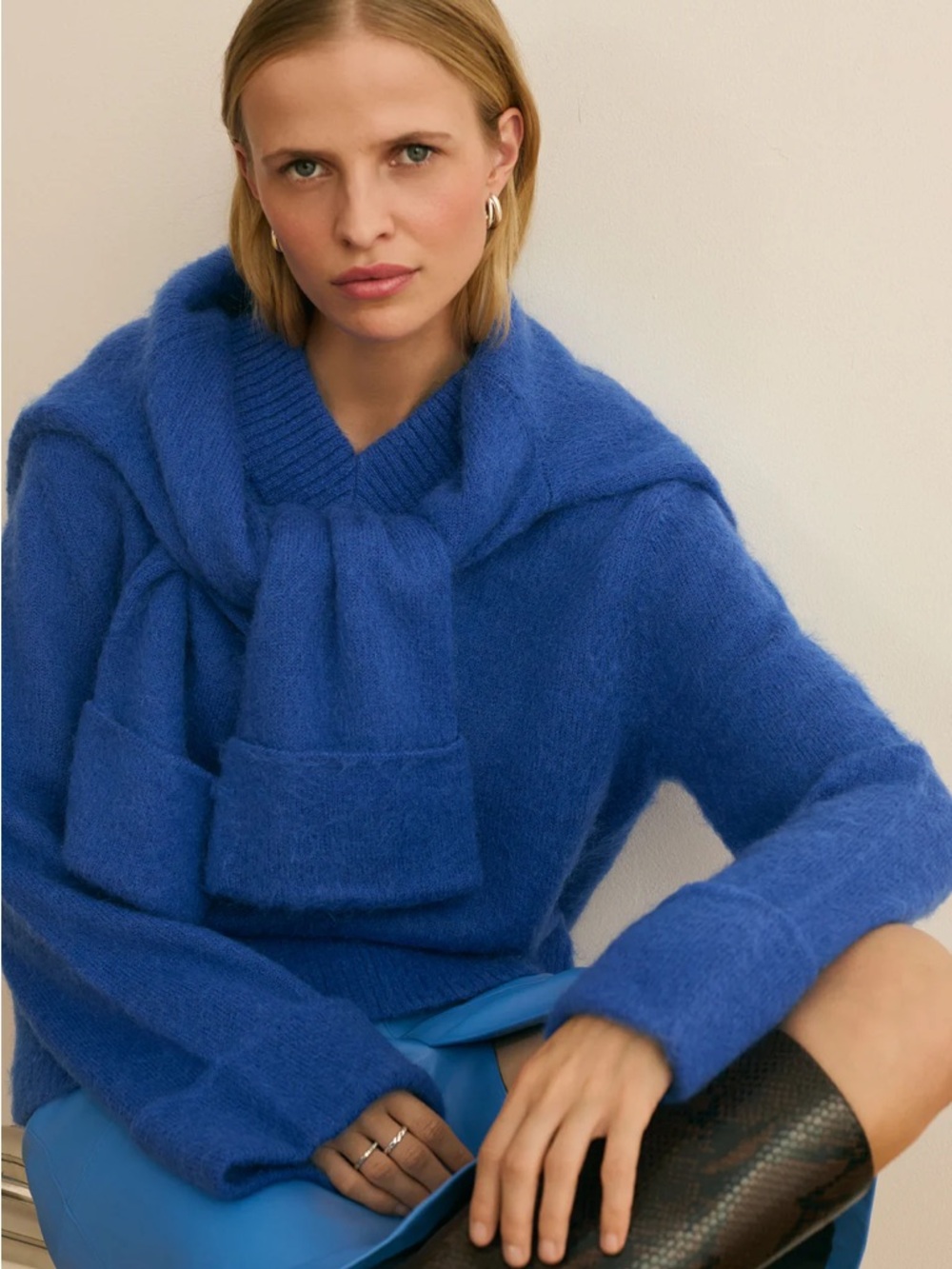 Aligne Women's V-Neck Angora-Feel Sweater in Cobalt Blue